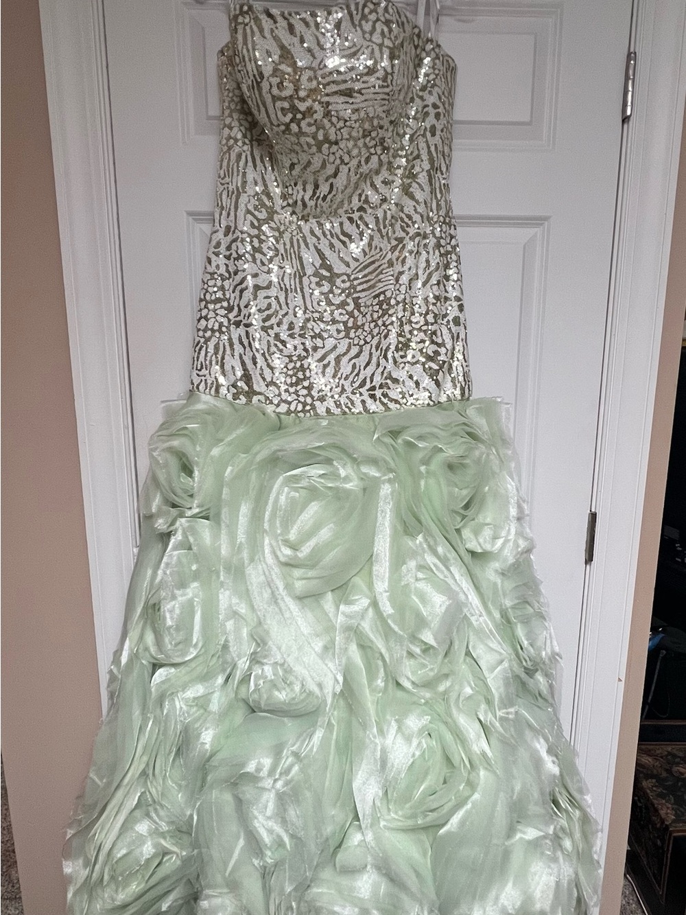 Tiffany Designs Sequin Bodice with Mint Rosette Skirt Prom Dress